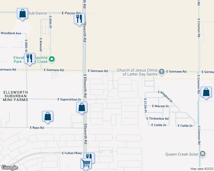 map of restaurants, bars, coffee shops, grocery stores, and more near 20959 East Swan Drive in Queen Creek
