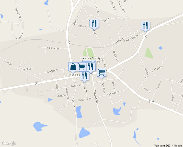 map of restaurants, bars, coffee shops, grocery stores, and more near Broad Street in Sparta
