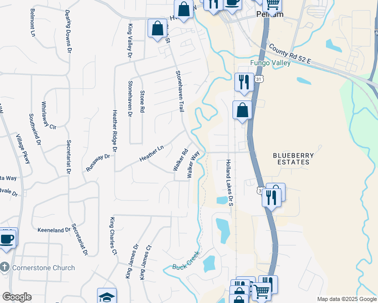 map of restaurants, bars, coffee shops, grocery stores, and more near 531 Walker Road in Pelham