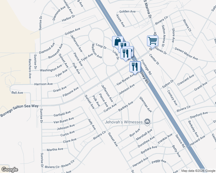 map of restaurants, bars, coffee shops, grocery stores, and more near 2034 Jefferson Avenue in Thermal