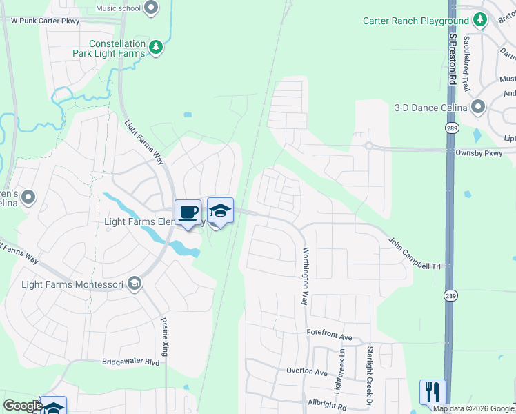 map of restaurants, bars, coffee shops, grocery stores, and more near 828 Brenham Avenue in Prosper