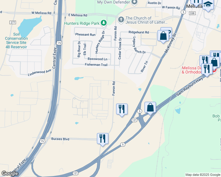 map of restaurants, bars, coffee shops, grocery stores, and more near 1929 South Fannin Road in Melissa