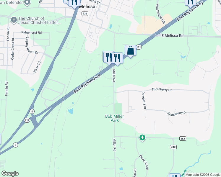 map of restaurants, bars, coffee shops, grocery stores, and more near 2181 Calhar Drive in Melissa