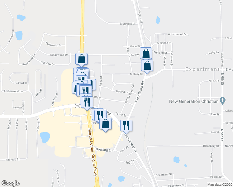 map of restaurants, bars, coffee shops, grocery stores, and more near 1440 Upland Drive in Griffin
