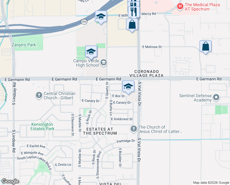 map of restaurants, bars, coffee shops, grocery stores, and more near 1429 East Warbler Road in Gilbert