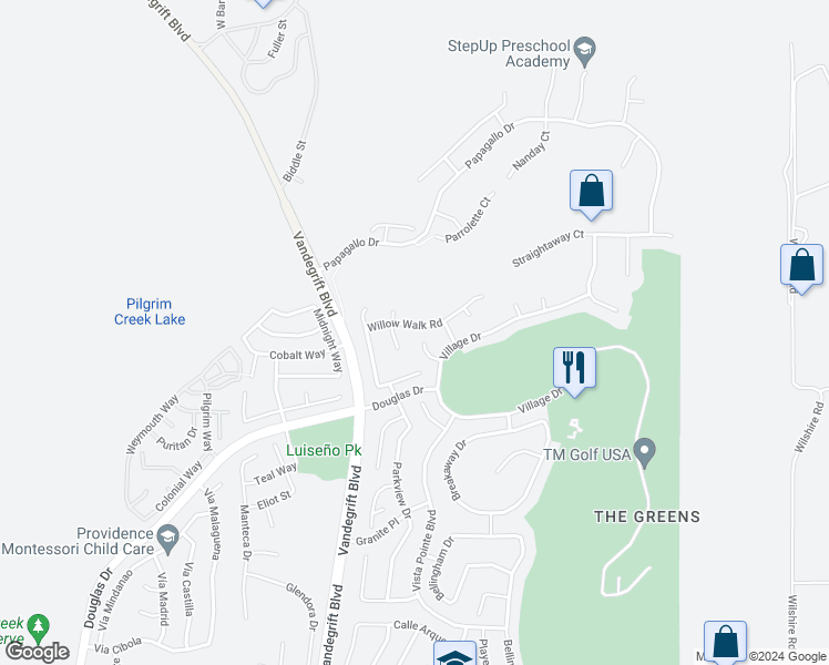 map of restaurants, bars, coffee shops, grocery stores, and more near 5259 Willow Walk Road in Oceanside