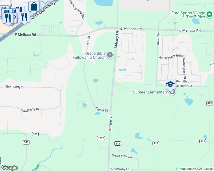 map of restaurants, bars, coffee shops, grocery stores, and more near 2036 Milrany Lane in Melissa