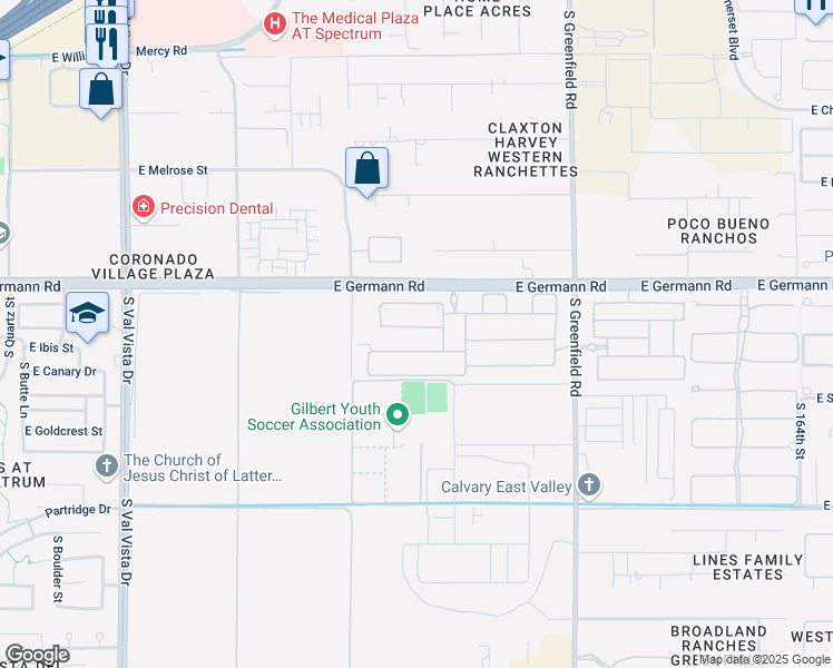 map of restaurants, bars, coffee shops, grocery stores, and more near 2115 East Warbler Road in Gilbert