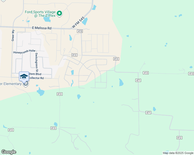 map of restaurants, bars, coffee shops, grocery stores, and more near 4758 County Road 413 in Melissa