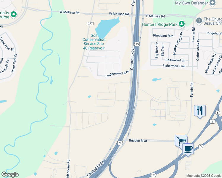 map of restaurants, bars, coffee shops, grocery stores, and more near 1901 Canyon Ln in Melissa