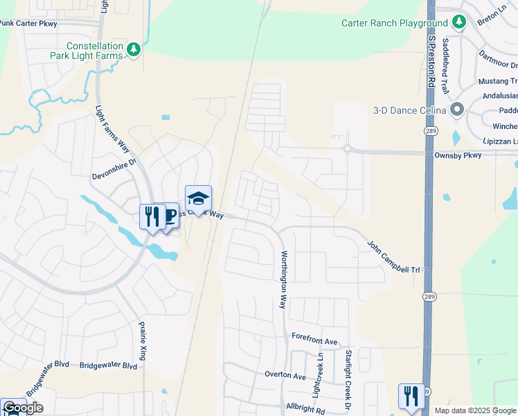 map of restaurants, bars, coffee shops, grocery stores, and more near 3553 West Cheney Avenue in Prosper