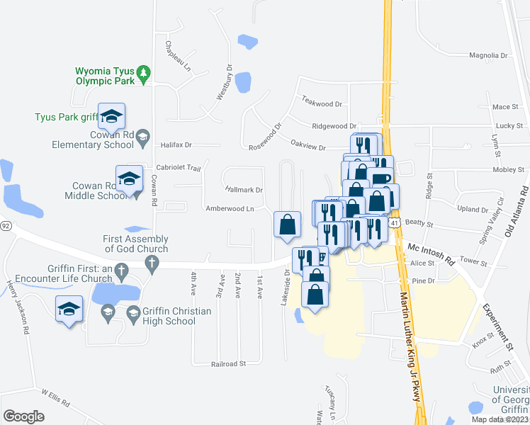 map of restaurants, bars, coffee shops, grocery stores, and more near 1627 Hallmark Drive in Griffin