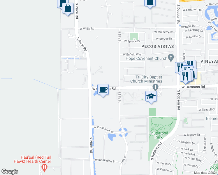map of restaurants, bars, coffee shops, grocery stores, and more near 2652 West Germann Road in Chandler