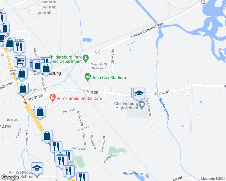 map of restaurants, bars, coffee shops, grocery stores, and more near 600 4th Street Southeast in Childersburg