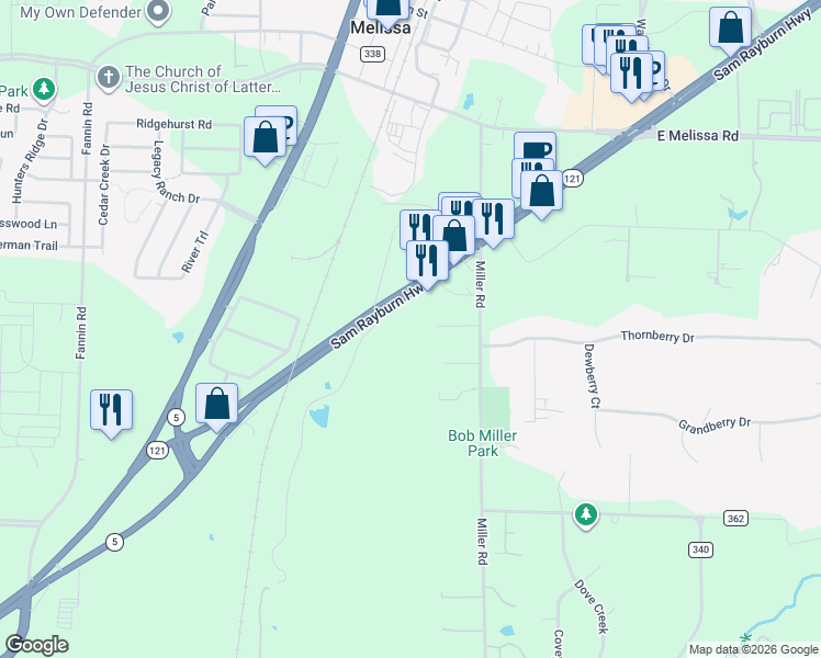 map of restaurants, bars, coffee shops, grocery stores, and more near 2138 Calhar Drive in Melissa