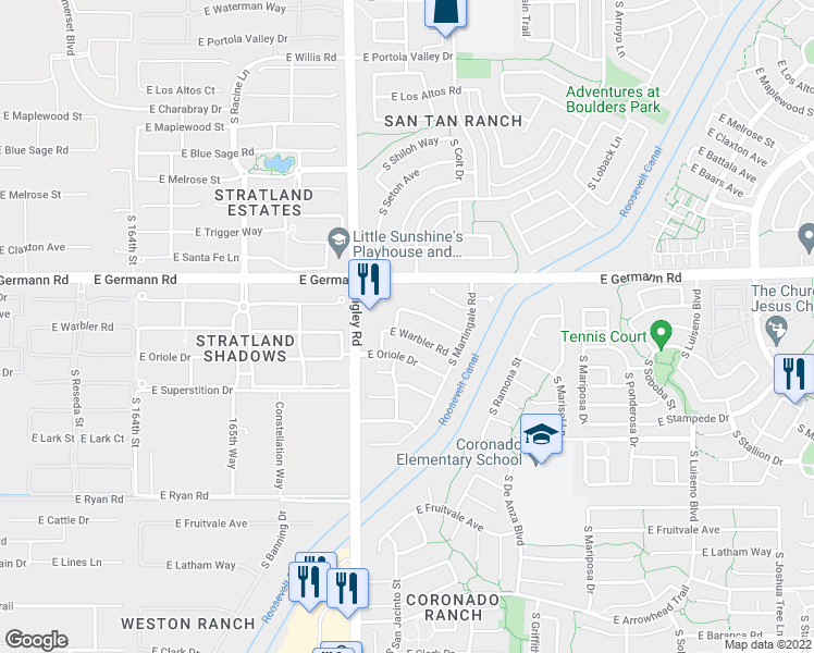 map of restaurants, bars, coffee shops, grocery stores, and more near 3296 East Warbler Road in Gilbert