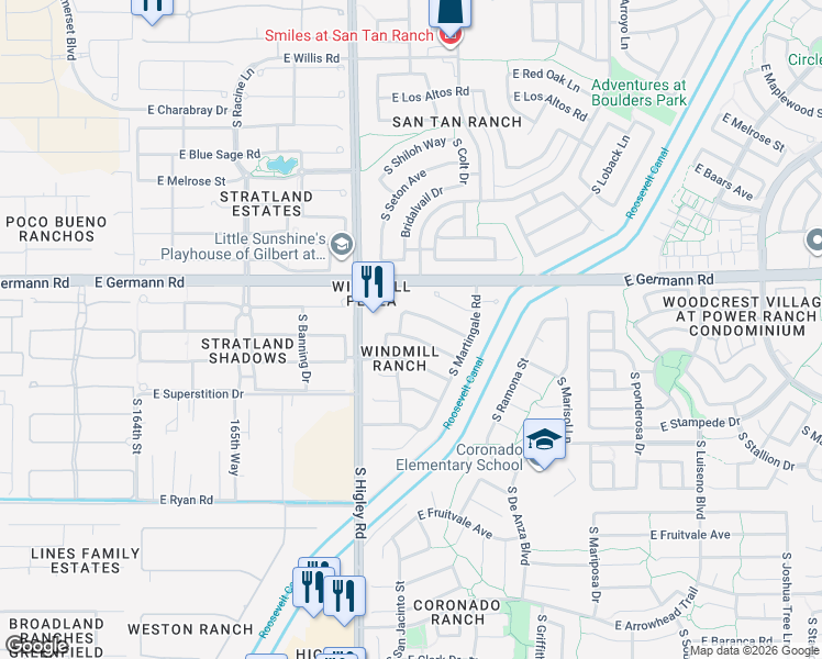 map of restaurants, bars, coffee shops, grocery stores, and more near 3296 East Warbler Road in Gilbert