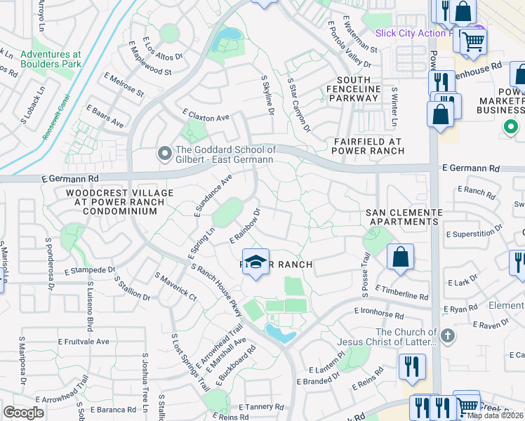 map of restaurants, bars, coffee shops, grocery stores, and more near 4277 East Rainbow Drive in Gilbert
