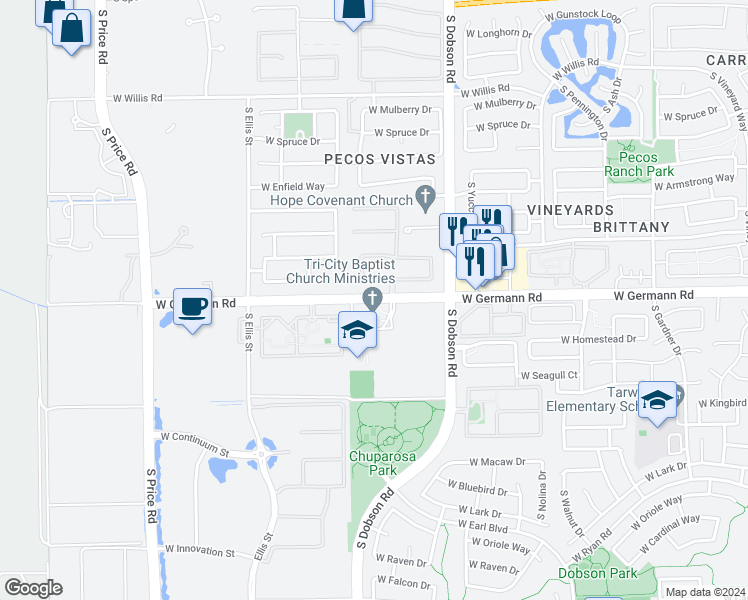 map of restaurants, bars, coffee shops, grocery stores, and more near 2211 West Germann Road in Chandler