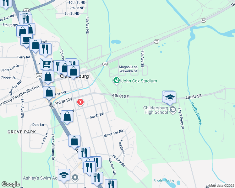 map of restaurants, bars, coffee shops, grocery stores, and more near 399 County Road 178 in Childersburg