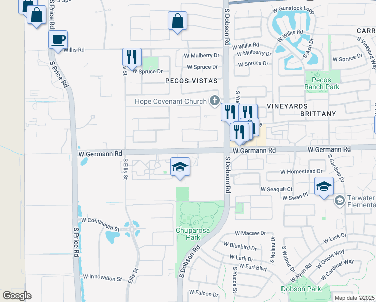 map of restaurants, bars, coffee shops, grocery stores, and more near 2255 West Germann Road in Chandler