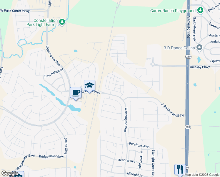 map of restaurants, bars, coffee shops, grocery stores, and more near 3553 West Cheney Avenue in Prosper