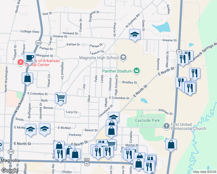 map of restaurants, bars, coffee shops, grocery stores, and more near 1103 Chestnut in Magnolia