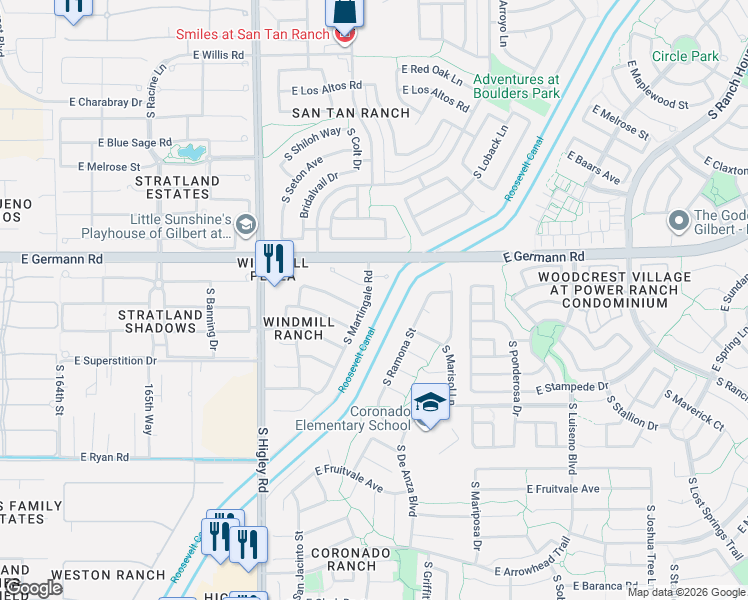 map of restaurants, bars, coffee shops, grocery stores, and more near 4095 South Martingale Road in Gilbert