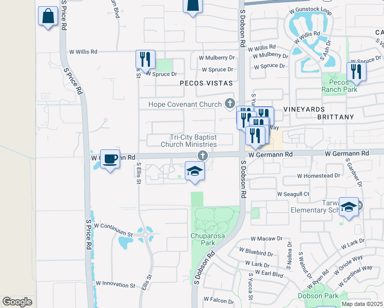 map of restaurants, bars, coffee shops, grocery stores, and more near 2300 West Germann Road in Chandler
