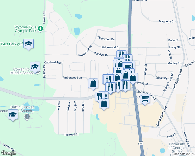 map of restaurants, bars, coffee shops, grocery stores, and more near 1625 Hallmark Hills Drive in Griffin
