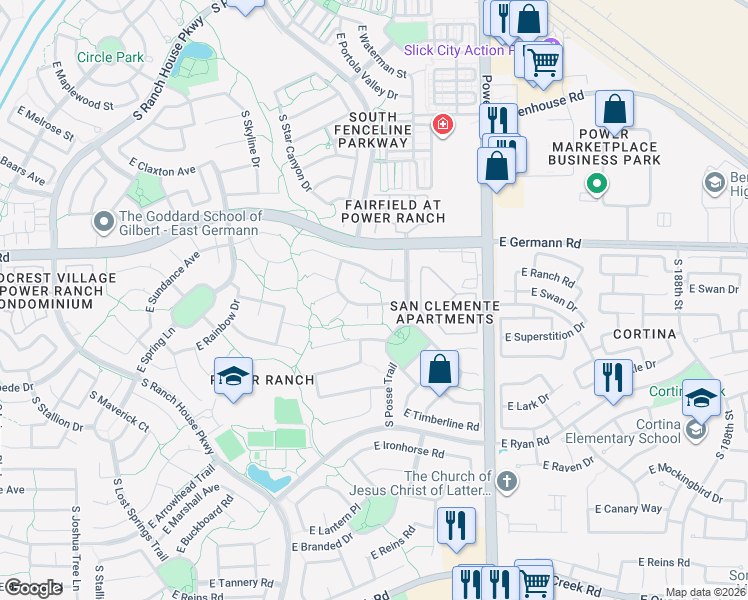 map of restaurants, bars, coffee shops, grocery stores, and more near 4132 South Bandit Court in Gilbert
