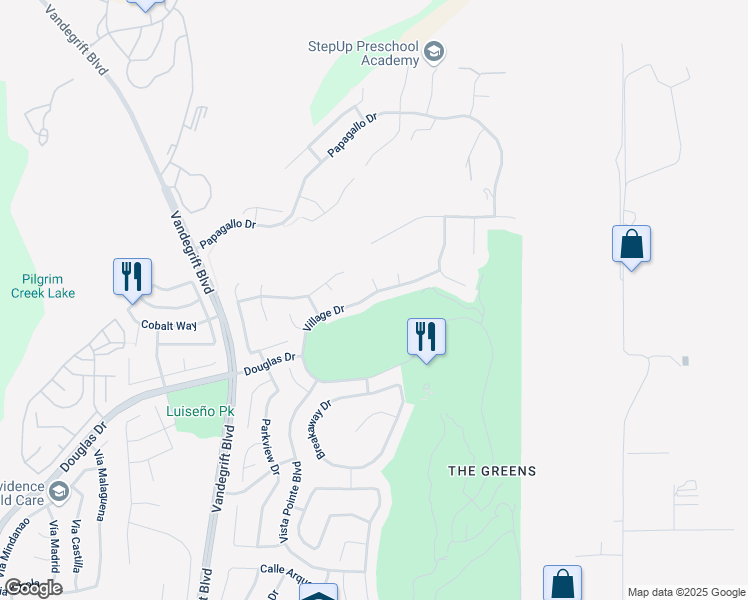 map of restaurants, bars, coffee shops, grocery stores, and more near 5333 Village Drive in Oceanside