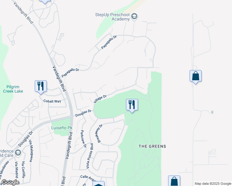 map of restaurants, bars, coffee shops, grocery stores, and more near 5333 Village Drive in Oceanside