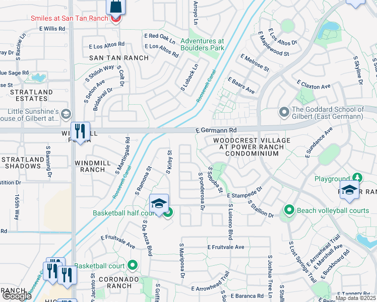map of restaurants, bars, coffee shops, grocery stores, and more near 3664 East Sebastian Lane in Gilbert