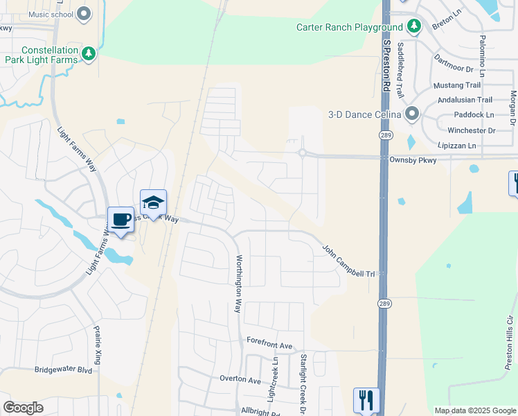 map of restaurants, bars, coffee shops, grocery stores, and more near 3607 Bennett Trail in Celina