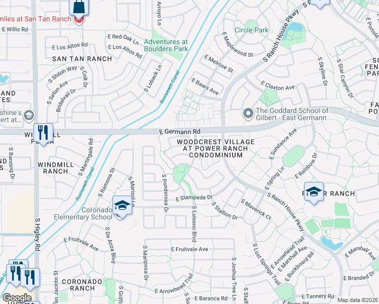 map of restaurants, bars, coffee shops, grocery stores, and more near 3787 East Chickadee Road in Gilbert