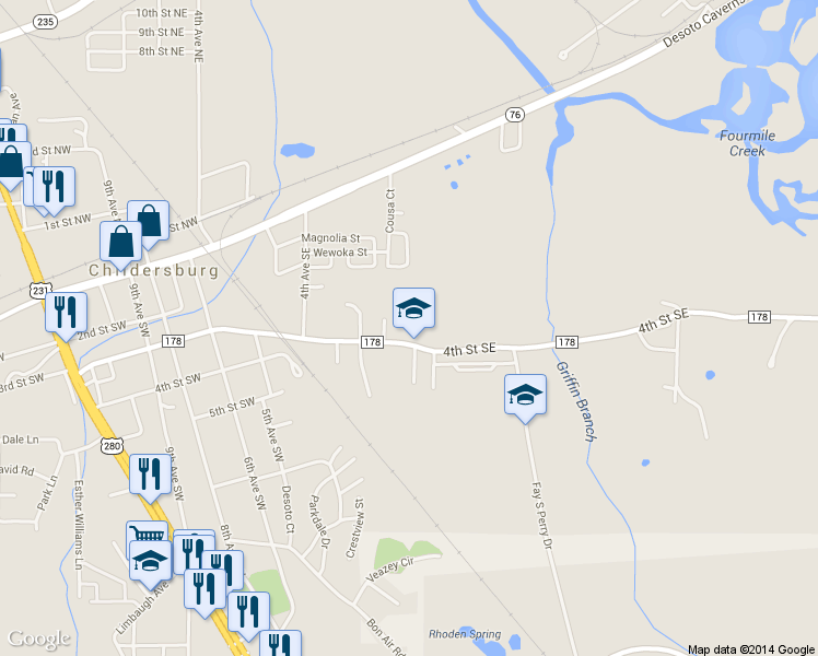 map of restaurants, bars, coffee shops, grocery stores, and more near 608 4th Street Southeast in Childersburg