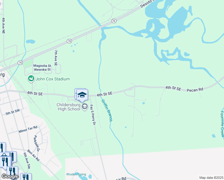 map of restaurants, bars, coffee shops, grocery stores, and more near 1055 4th Street Southeast in Childersburg