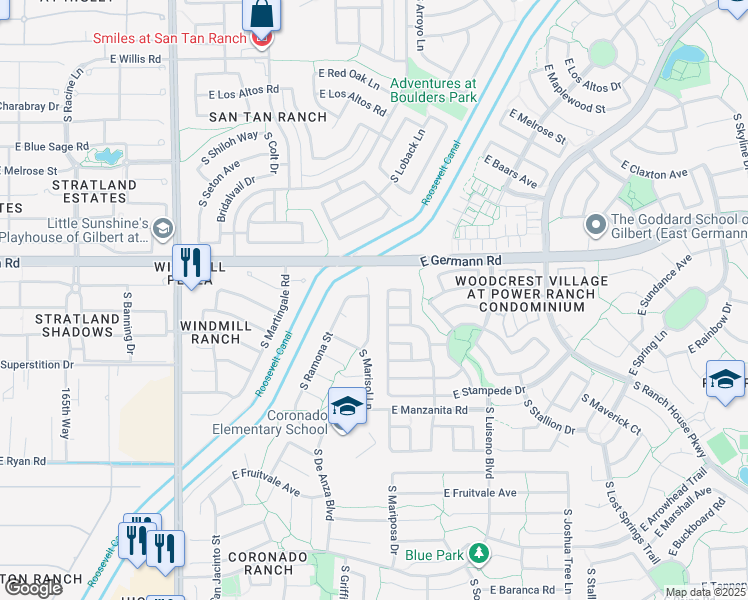 map of restaurants, bars, coffee shops, grocery stores, and more near 4069 South Kirby Street in Gilbert