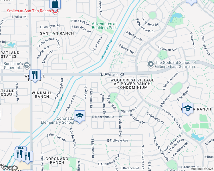 map of restaurants, bars, coffee shops, grocery stores, and more near 3727 East Sebastian Lane in Gilbert