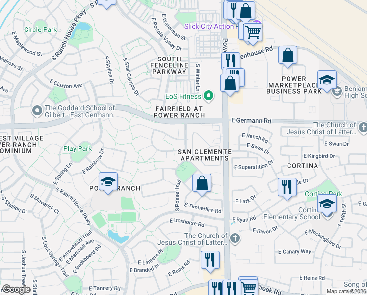 map of restaurants, bars, coffee shops, grocery stores, and more near 4625 East Murrieta Drive in Gilbert