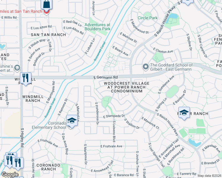map of restaurants, bars, coffee shops, grocery stores, and more near 3787 East Chickadee Road in Gilbert
