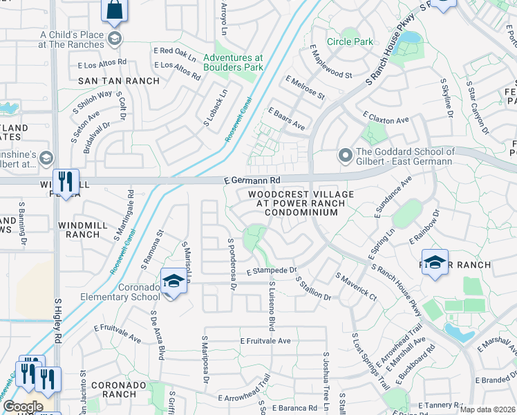 map of restaurants, bars, coffee shops, grocery stores, and more near 3787 East Chickadee Road in Gilbert