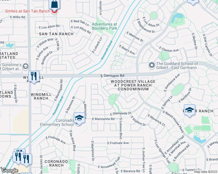 map of restaurants, bars, coffee shops, grocery stores, and more near 3727 East Sebastian Lane in Gilbert