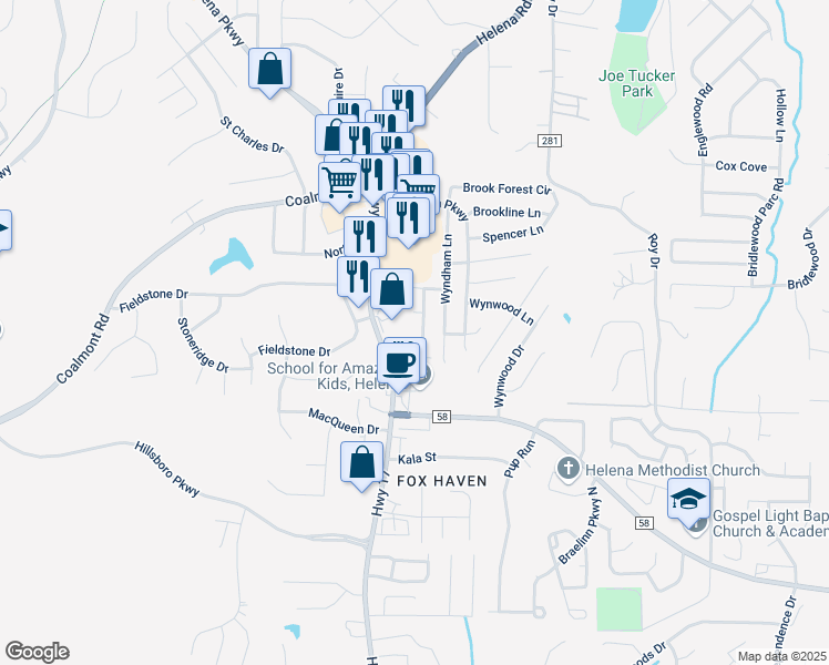 map of restaurants, bars, coffee shops, grocery stores, and more near 1007 Ashley Brook Lane in Helena