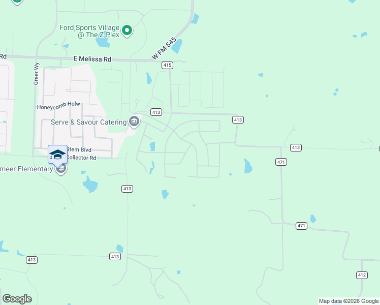map of restaurants, bars, coffee shops, grocery stores, and more near 4758 County Road 413 in Melissa