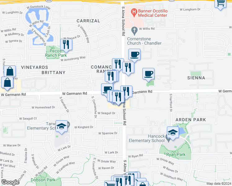 map of restaurants, bars, coffee shops, grocery stores, and more near 1071 West Germann Road in Chandler
