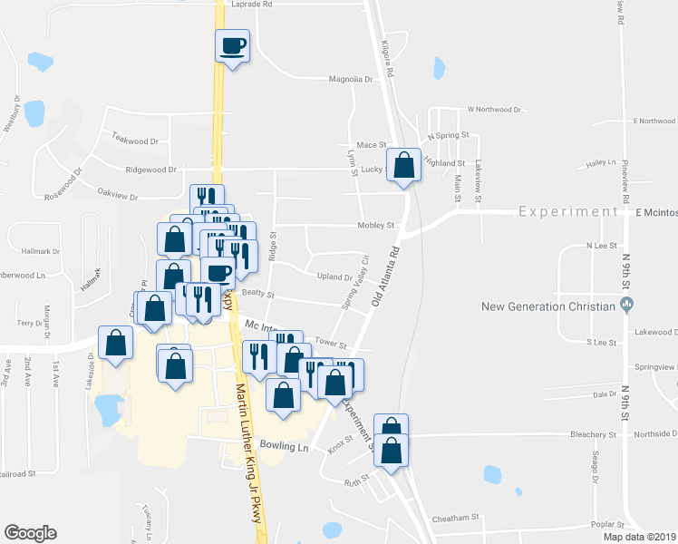map of restaurants, bars, coffee shops, grocery stores, and more near 1429 Upland Drive in Griffin