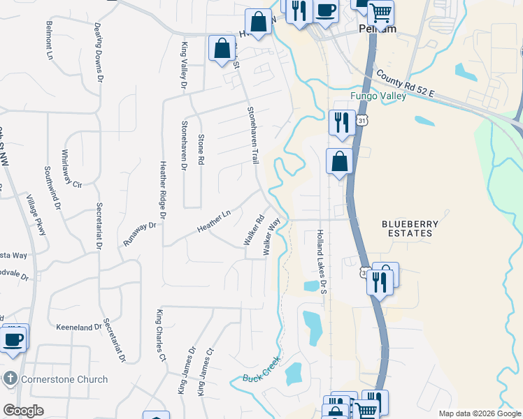 map of restaurants, bars, coffee shops, grocery stores, and more near 531 Walker Road in Pelham