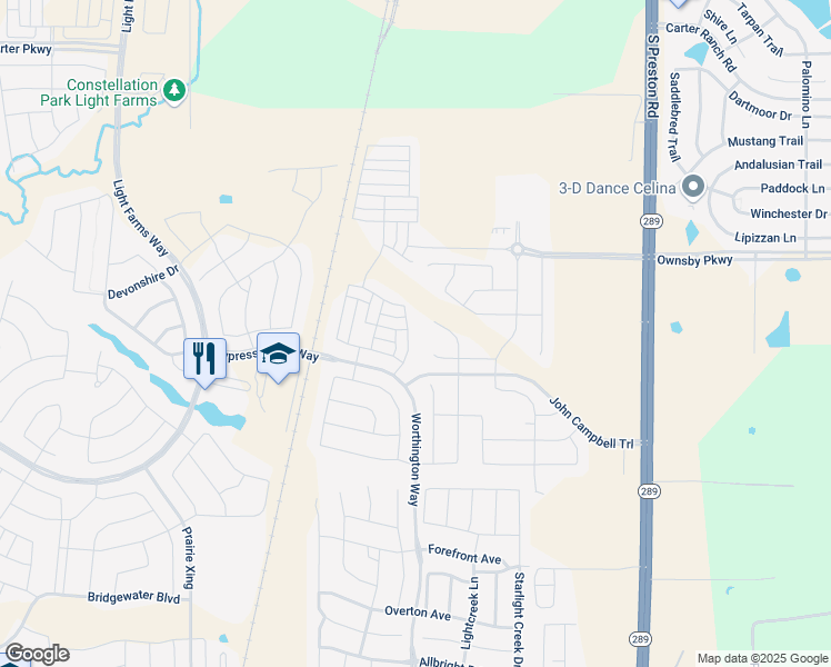 map of restaurants, bars, coffee shops, grocery stores, and more near 3619 Doramus Drive in Prosper
